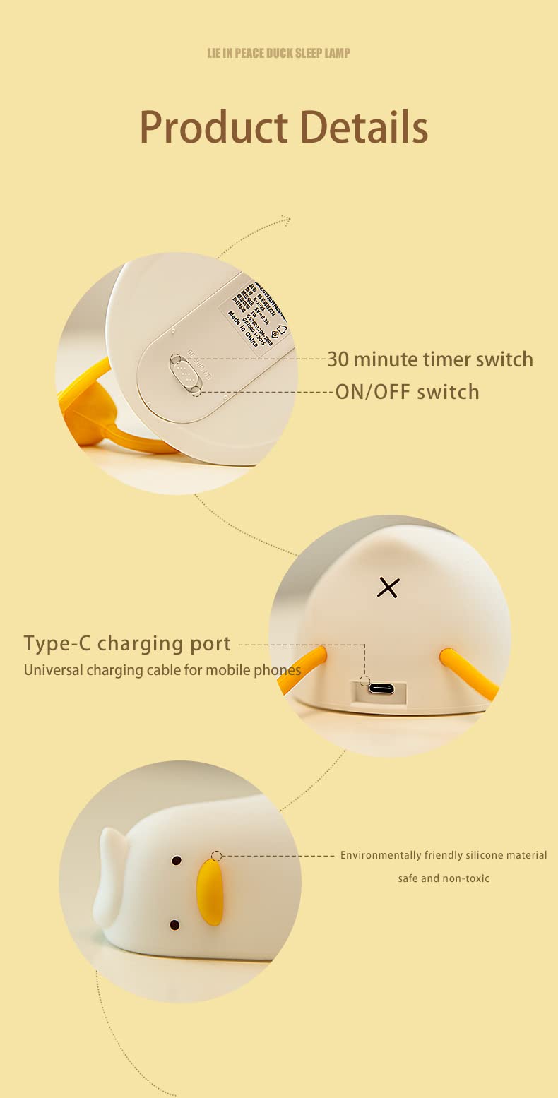 ATSUI Duck Night Light, LED Silicone Lamp, 3 Level Dimmable, Rechargeable, White, Model ATLE012AW