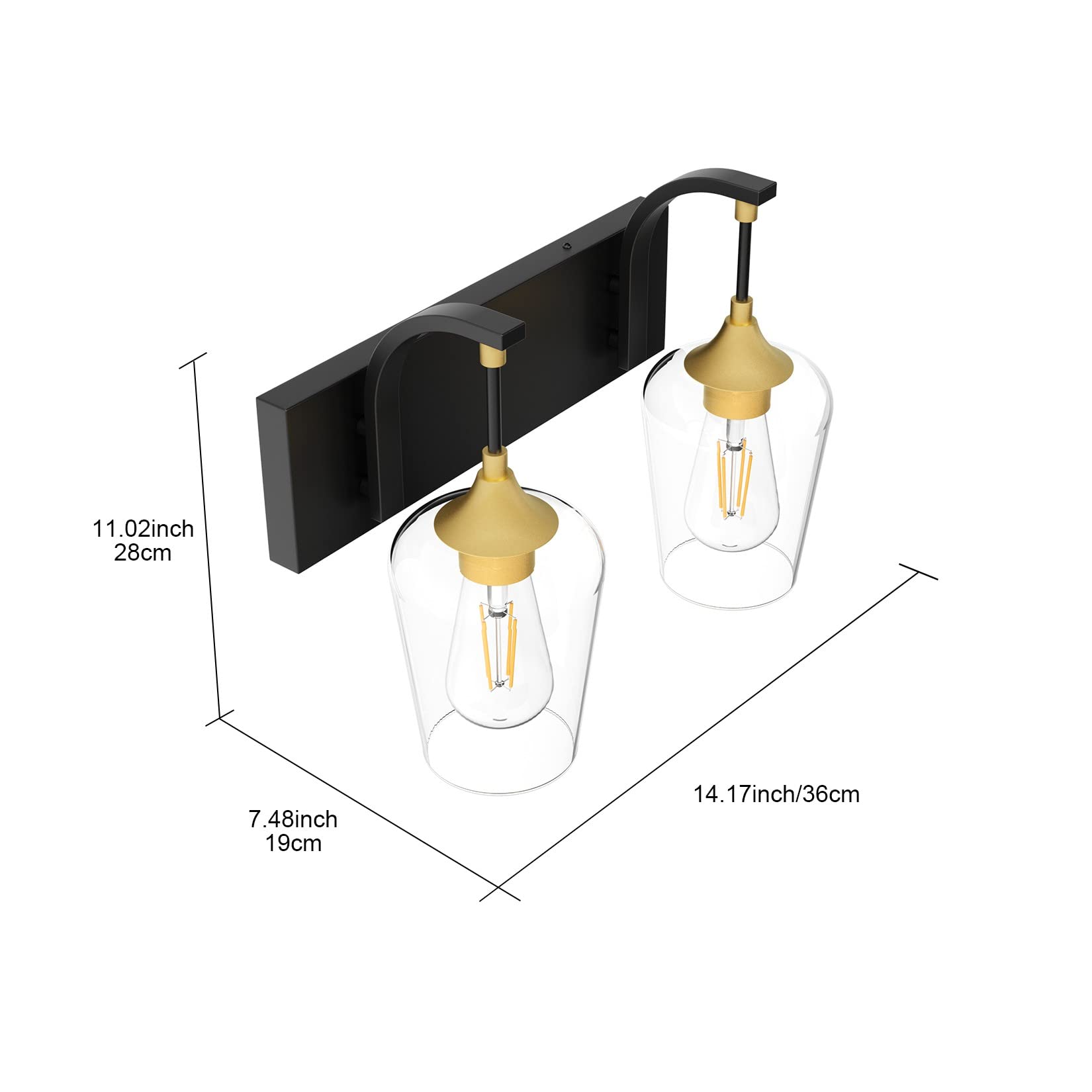 Ralbay Black/Gold Vanity Light 2 Lights Industrial Bathroom Light Fixtures Over Mirror With Clear Glass Black Bathroom Wall Mount Lighting Sconce