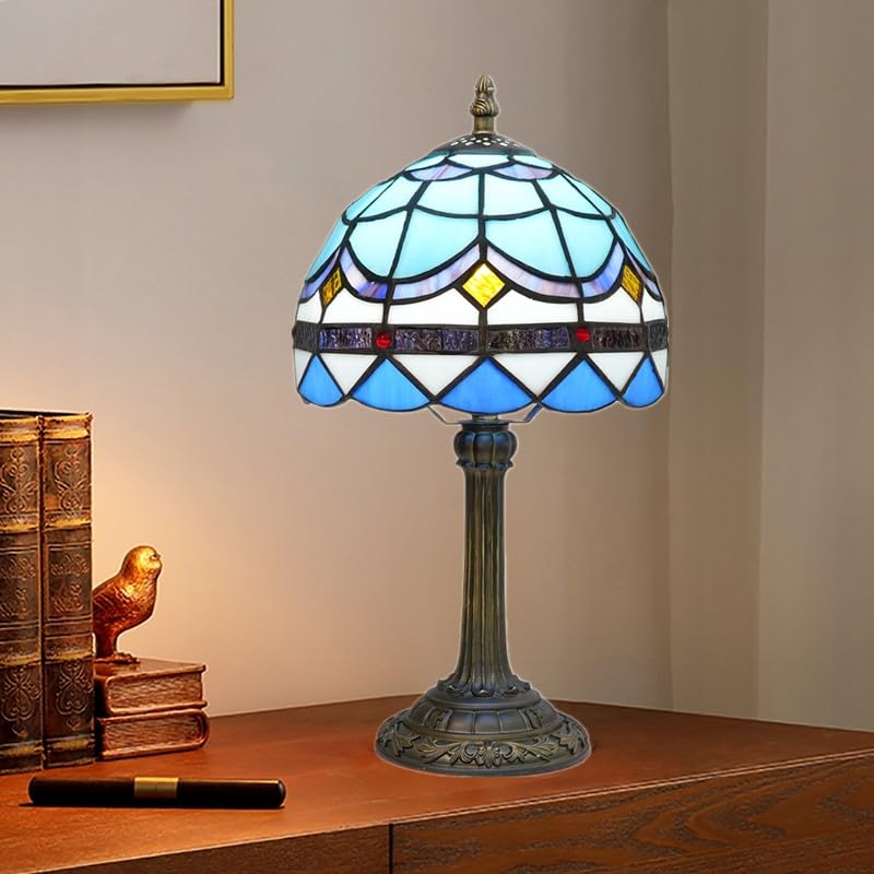 Mediterranean Style Tiffany Stained Glass Table lamp Blue Feather Bedroom Bedside Table lamp Dining Room Kitchen Living Room Sto