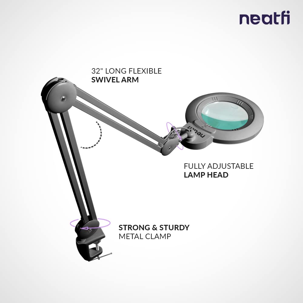 Neatfi Xl Bifocal Led Magnifying Lamp, 7-Inch Acrylic Lens, 5D/20D Magnification, Hands-Free, Dimmable, 84 Smd Led, Adjustable Arm For Crafts, Reading, Close Work (Silver, With Clamp)