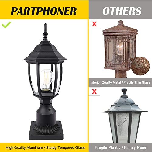 Partphoner Hardwired 120V Dusk To Dawn Outdoor Post Light, Waterproof Aluminum, Black Mini