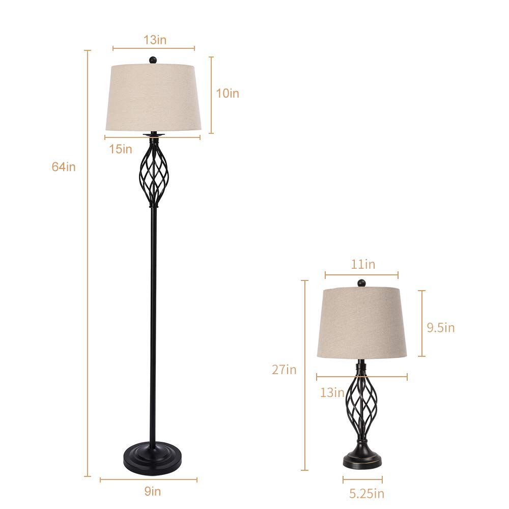 Maxax Lamp Set 3-Piece, Farmhouse 3 Pack Black Table Lamps And Floor Lamp, 3 Way Dinnable Lamp Set Of 3 With Oatmeal Fabric Shad