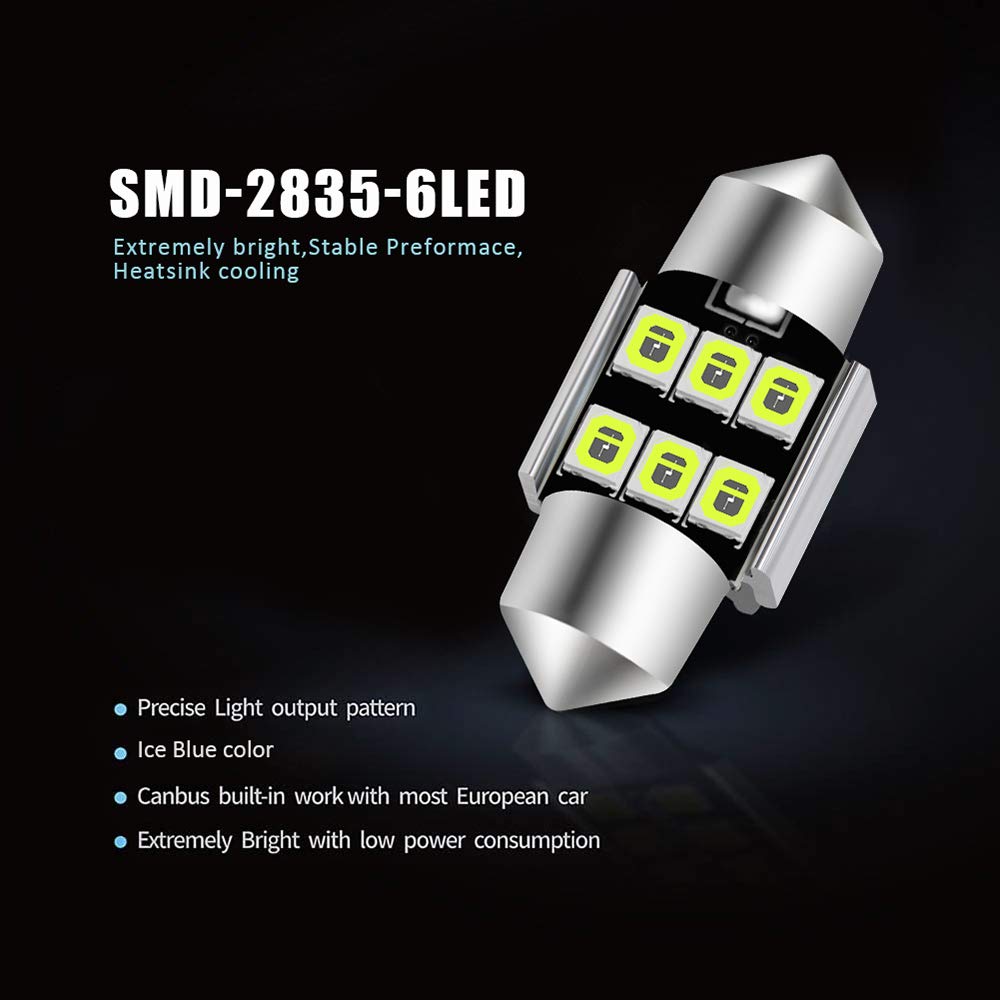 Auxlight 6614 6641 6612F 6615 F30-Whp Ts-14V1Cp 29Mm 1.14   Festoon Led Interior Light Bulbs Ice Blue, Super Bright 6Smd Chips F
