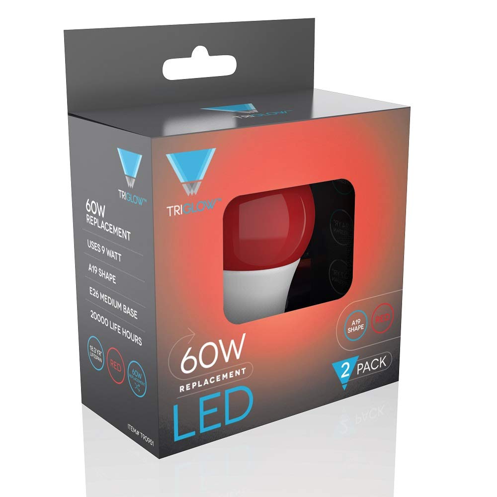 Triglow Red Led A19 Light Bulbs, 9 Watt (60 Watt Equivalent) Red Light Bulb, 2-Pack