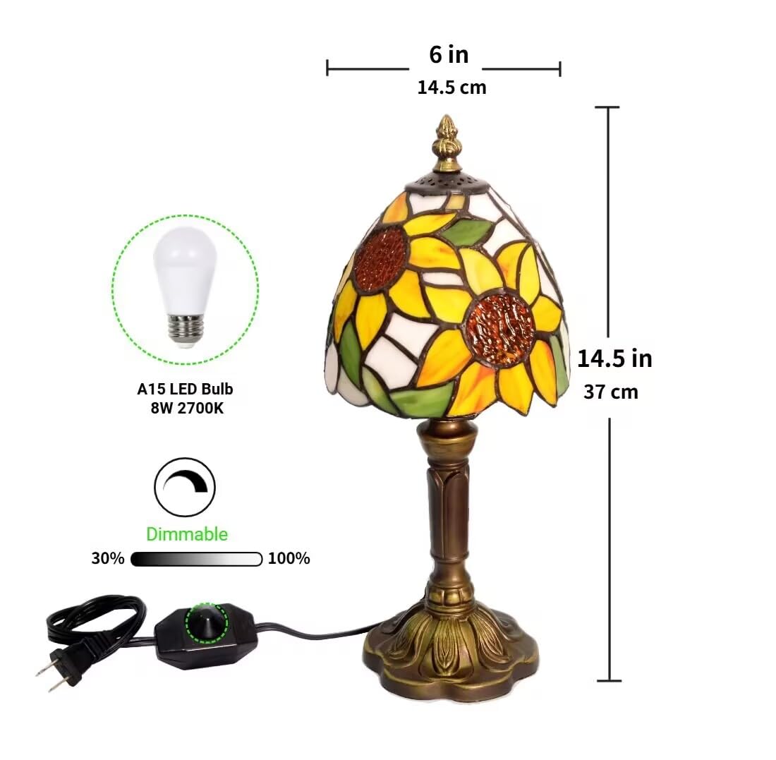 BMXKPO Tiffany Style Table Lamp, 6 Inch Stained Glass Bedside Lamp, 2700K Dimmable LED Bulb Included, Antique Design