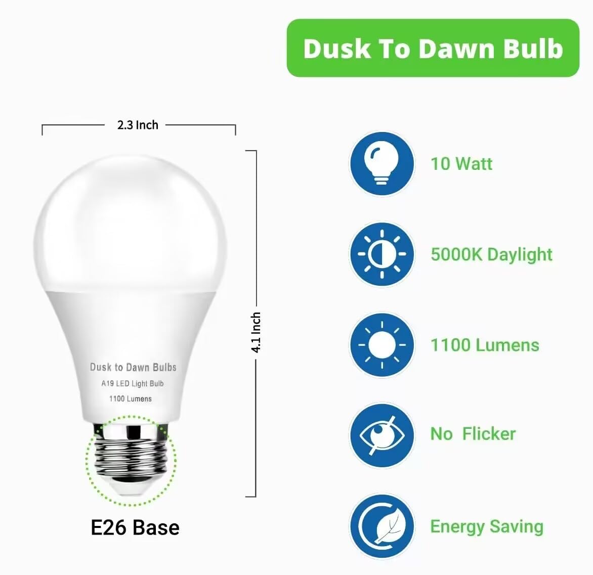 GEPLAD Dusk to Dawn LED Bulbs, 75W Equivalent, 10W Daylight 5000K, 1100 Lumen, 4-Pack A19 E26, Automatic