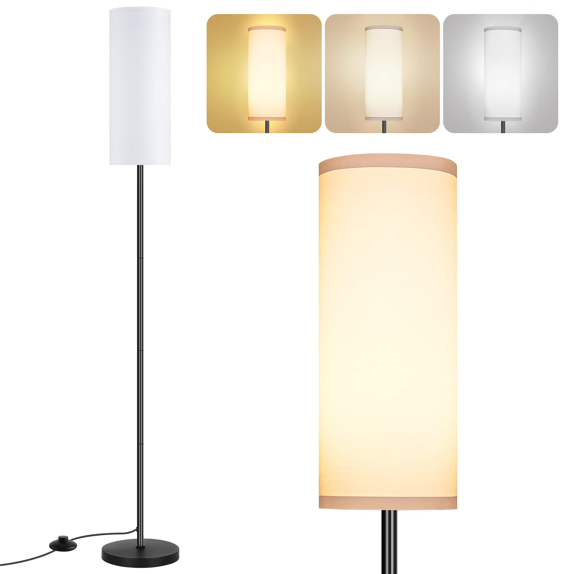 Partphoner Modern Floor Lamp, Minimalist White Standing Lamp With Foot Switch For Living Room