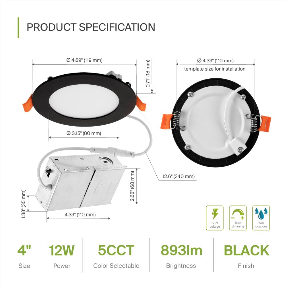 Asd 6 Pack Led Recessed Lighting 4 Inch 12W  5 Cct 2700K-5000K Cri90+  Ic Rated Ultra Thin Dimmable Ceiling Lights With J Box  Canless Wafer Downlight  Round Slim Panel Light  Ul Listed  Black