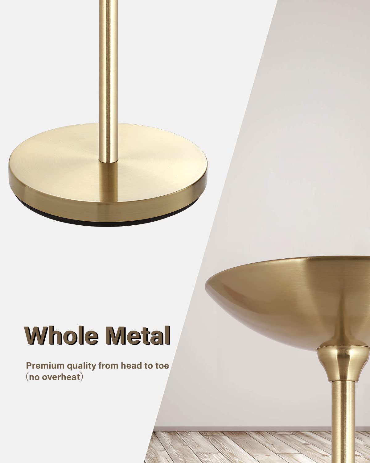 Boostarea Torchiere Floor Lamp Gold, 30W Super Bright Led Standing Lamp, 3000K Stepless Dimmable Pole Lamp With Rotary Switch, 7