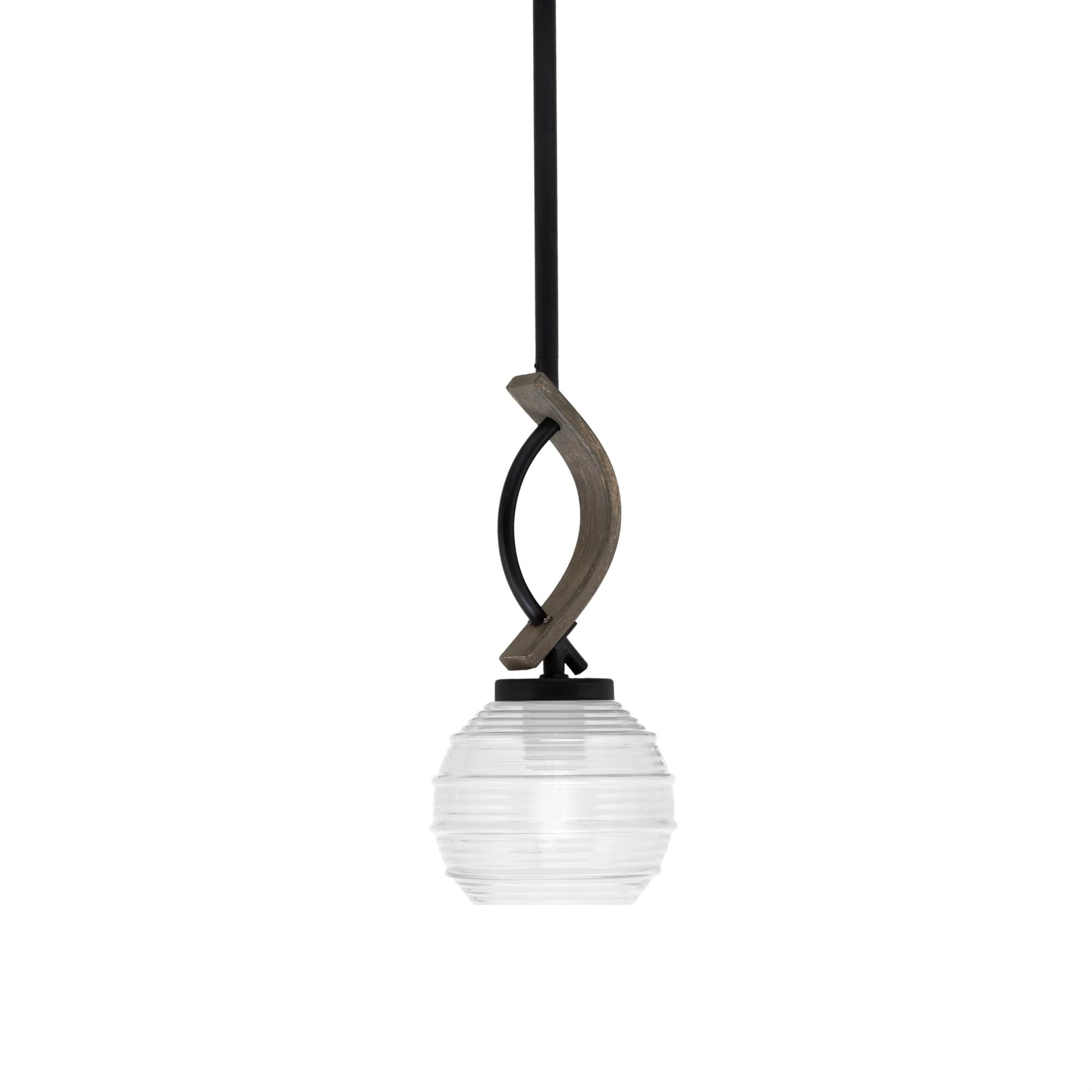 Toltec Lighting Monterey Stem Hung Mini Pendant, Matte Black & Distressed Wood-Look Metal, 6in Clear Ribbed Glass