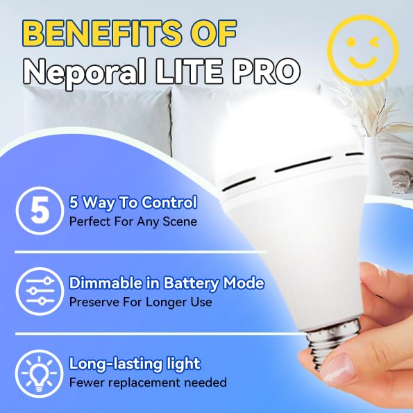 Neporal Rechargeable Light Bulbs, 2600mAh Battery, E26/E27, White, Model QP-15W - Ideal for Home Emergencies and Hurricane Preparedness