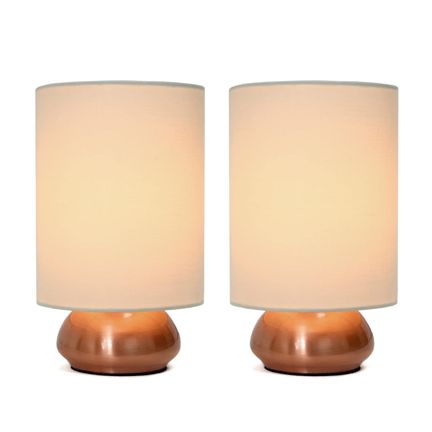 Simple Designs Touch Metal Mini Round Table Lamp Set, 9in, Rose Gold Base with Cream Shades, Model LT2016-CRM-2PK, 4 Settings