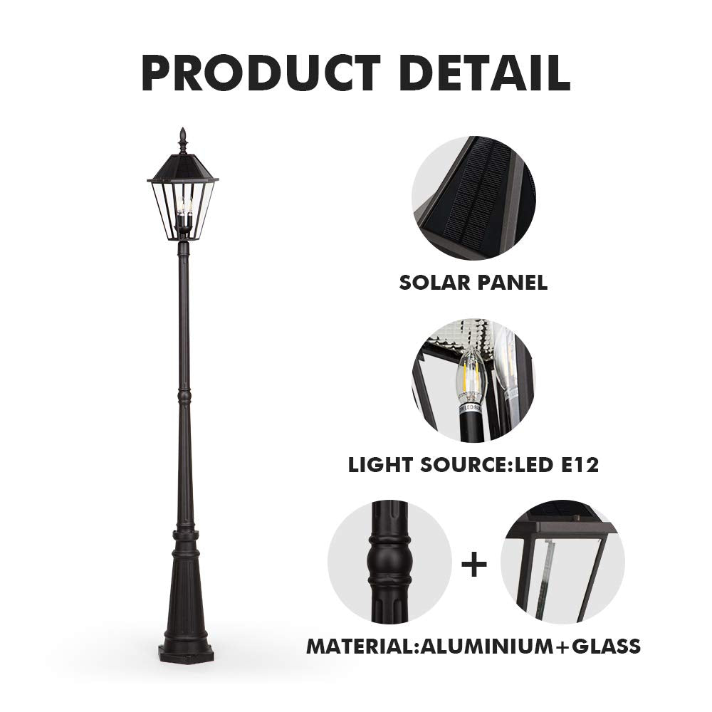LUTEC LED Post Solar Light - Vintage Aluminium & Glass Outdoor Street Light for Lawn, Patio, Yard - Model 12513LE4-SL