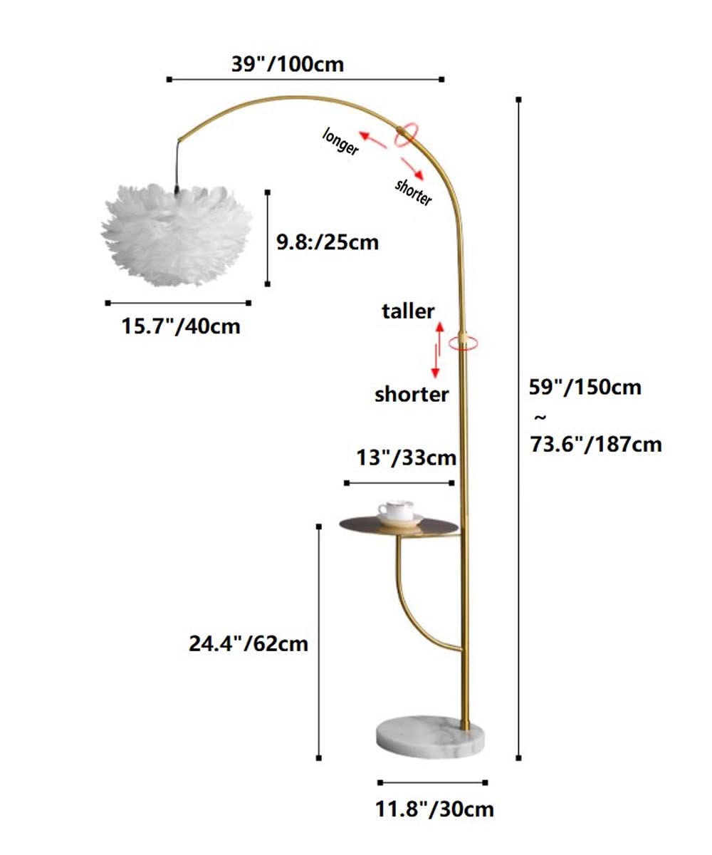 Surpars House White Feather Floor Lamp with Table, Adjustable Height, Gold Finish, Model S0200028