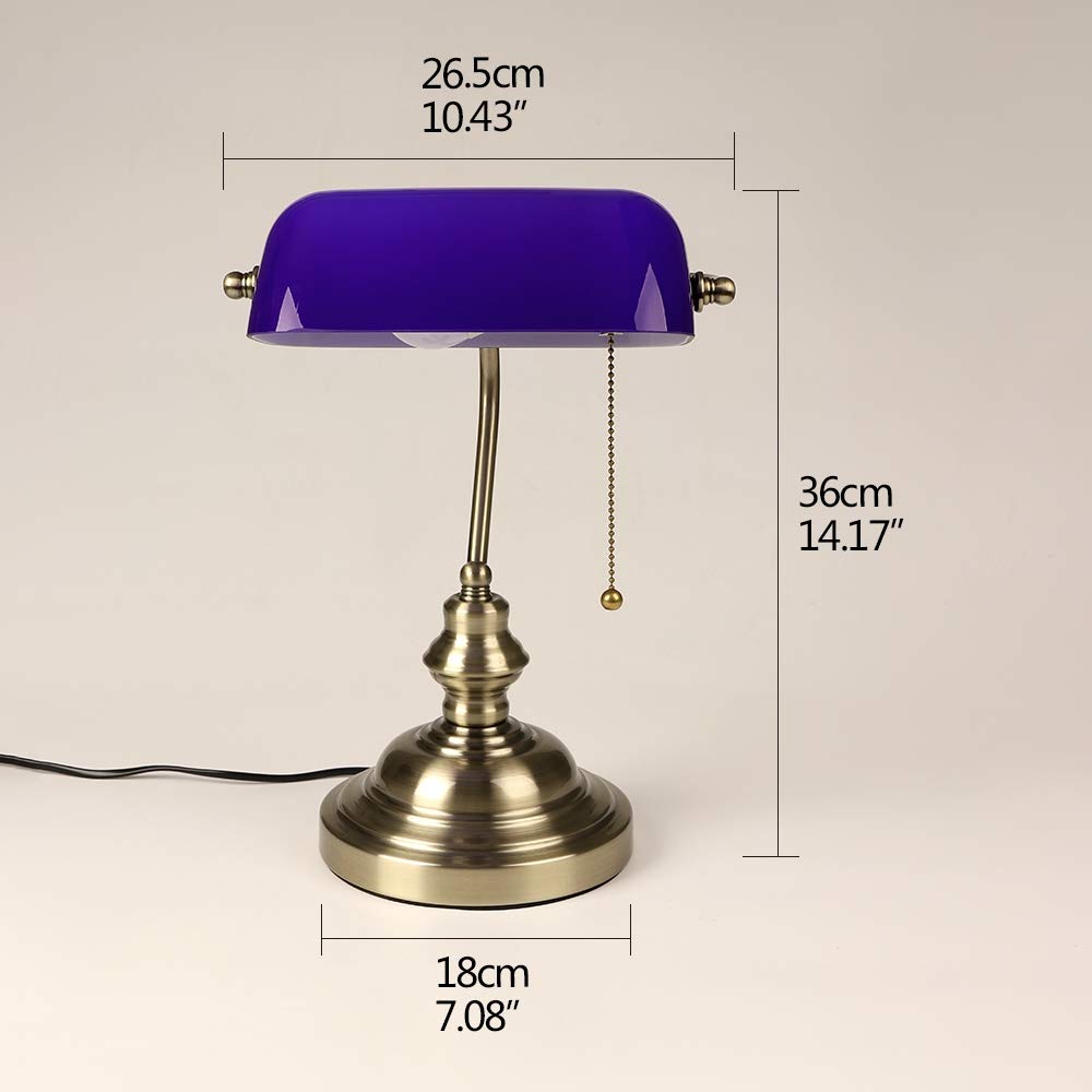 FIRVRE Blue Glass Bankers Desk Lamp, Bronze Finish, E26 Pull Chain, Model B006 for Home Office, Bedroom, Library