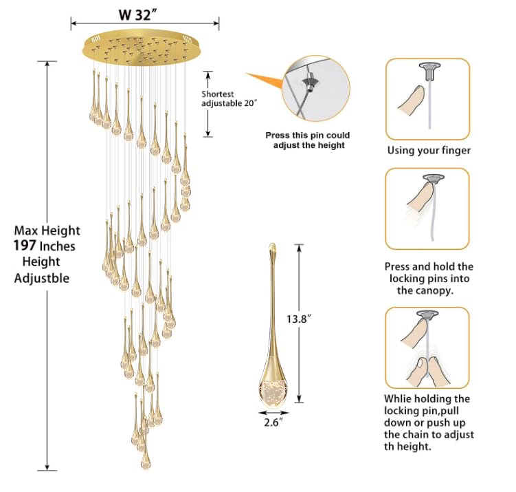 ykolupty H197 Foyer Chandelier - 42-Lights Dimmable Crystal Pendant Lighting, Gold Finish for High Ceiling Living Room & Staircase