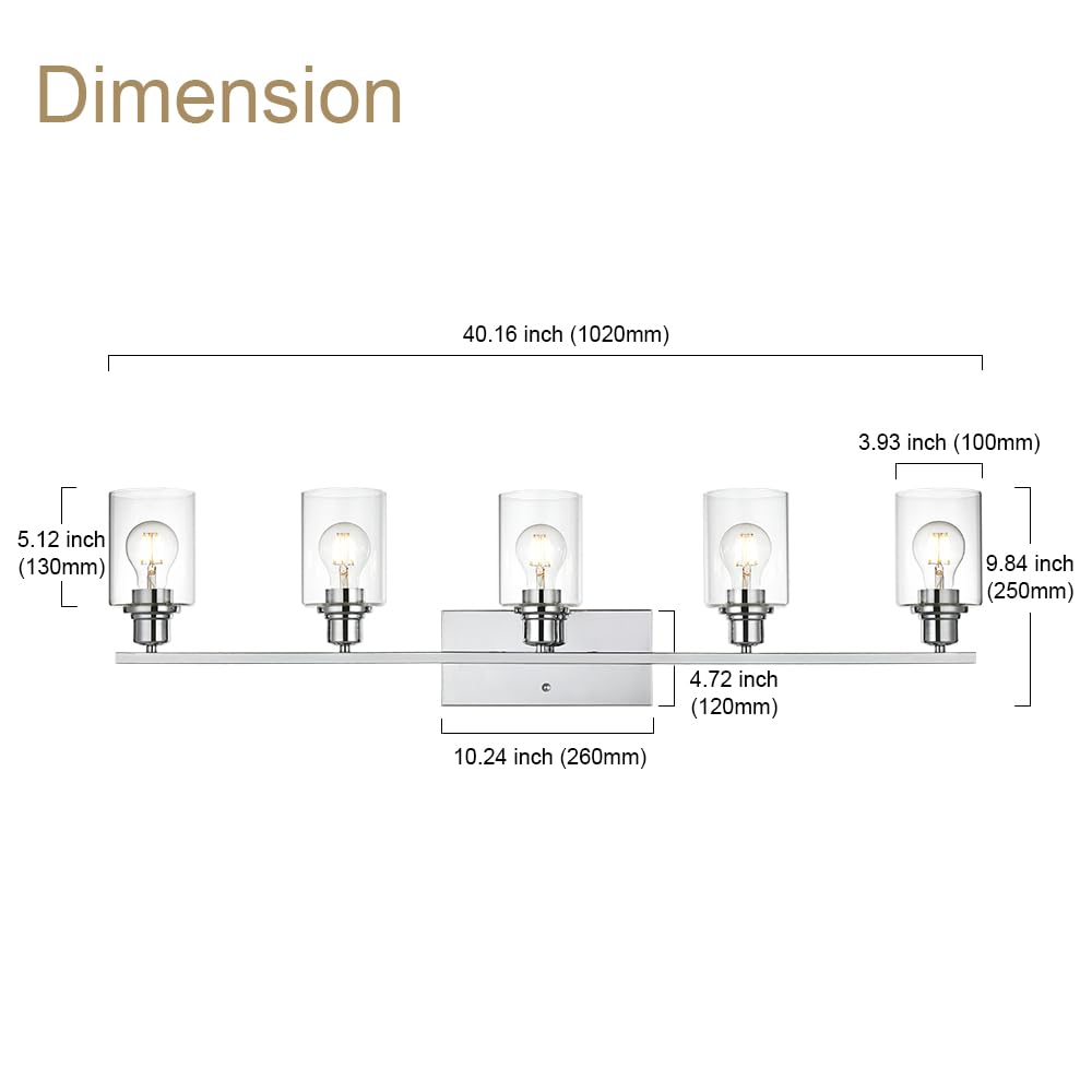VINLUZ 5 Light Bathroom Lighting Fixture, Chrome Finish, Clear Glass Shade, Contemporary Wall Light for Entryway and Hallway