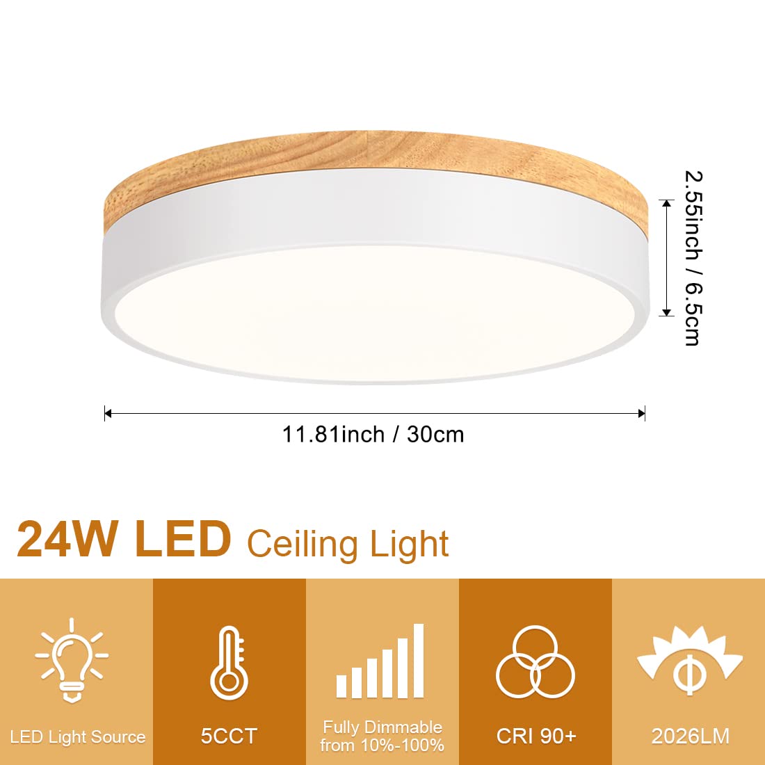 Goomavi Modern Dimmable LED Ceiling Light, 11.8in Round White Wood, 2700K-6000K, Minimalist Flush Mount Lamp for Bedroom, Kitchen, Hallway