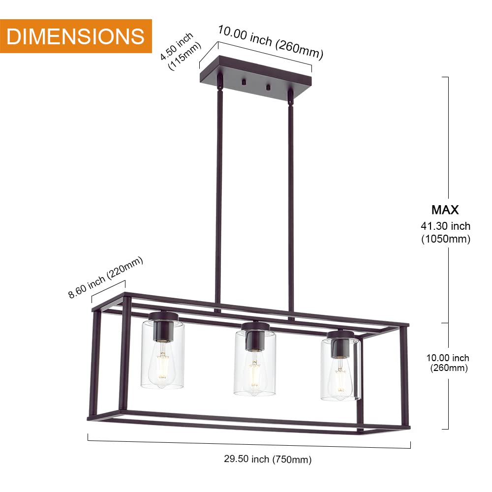 VINLUZ 3-Light Pendant Chandelier, Metal, Oil-Rubbed Bronze, Modern Design, Clear Glass Shades, Model 1811-3-19