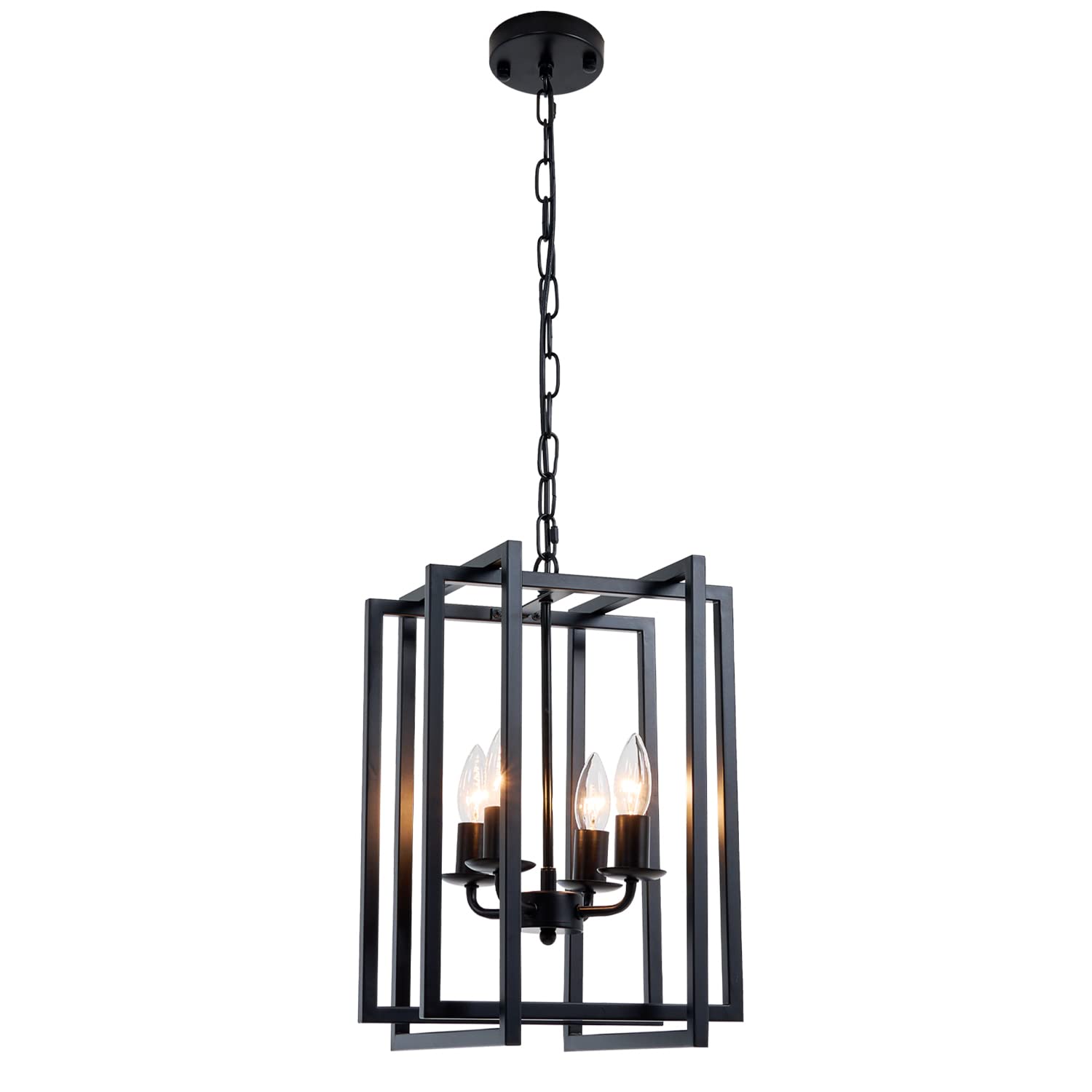 Farmhouse Lantern Chandelier Light Fixture Black, 4-Light Rustic Industrial Pendant Lighting, Adjustable Height Modern Square Cage Hanging Lights For Hallway Kitchen Island Living Room Bedroom