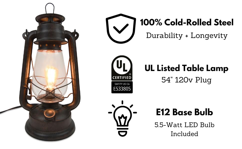 Dimmable Electric Lantern Table Lamp With Line Cord Dimmer And Edison Style Vintage Bulb-Rustic Rust Finish