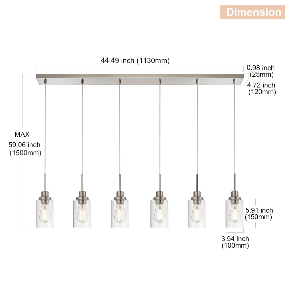 WINSHEN 6-Lights Pendant Lighting, Brushed Nickel Ceiling Fixture with Adjustable Wire & Clear Glass Shades, Model TTFOCG-SDSN
