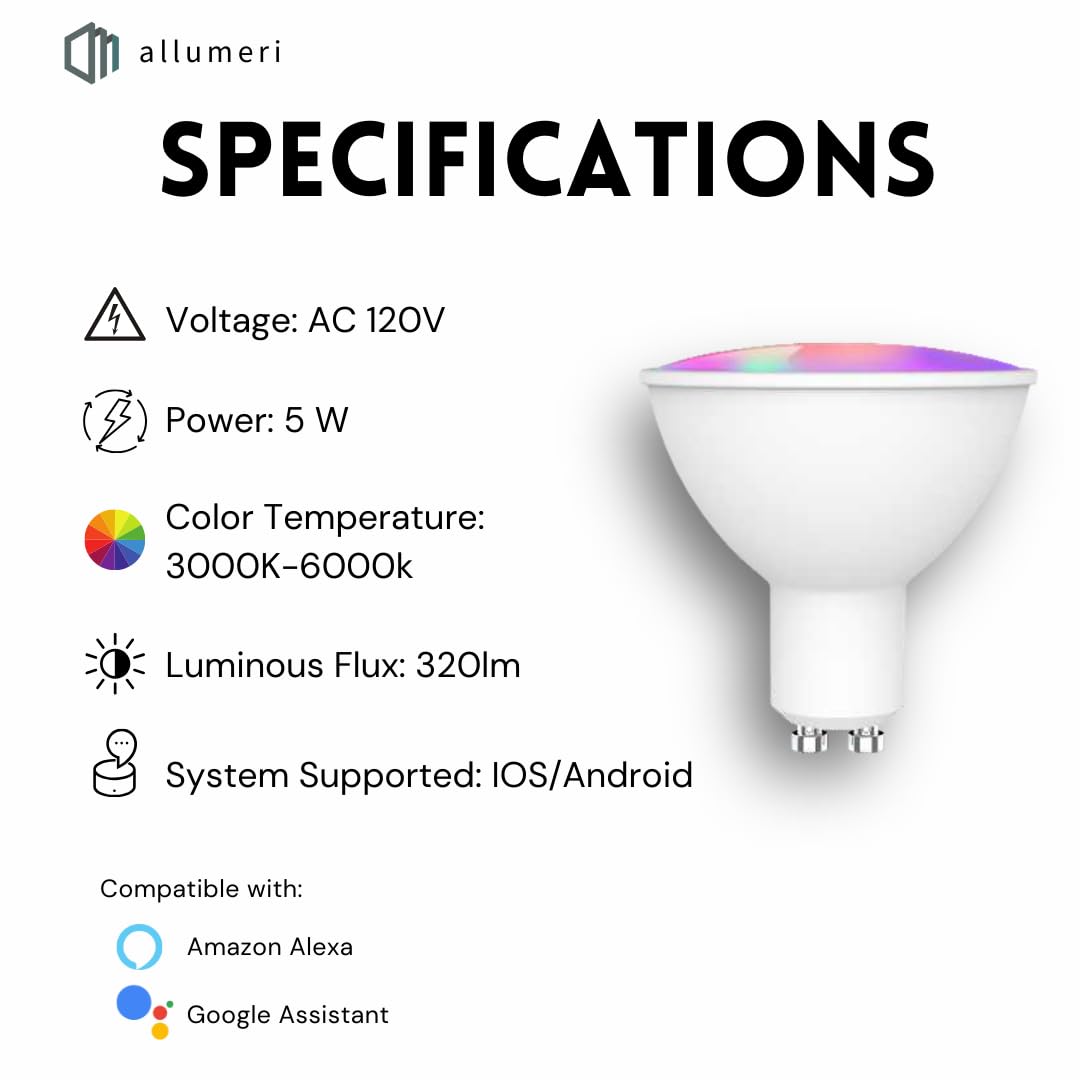 allumeri MR16 Smart LED Light Bulb, 50 Watt Equivalent, Energy Efficient 5W, GU10 Base, Dimmable, Color-Changing LED with App &
