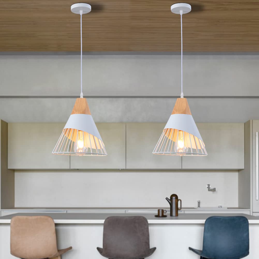 Mxsaoud White Pendant Lights For Kitchen Island,Adjustable Wood Hanging Light Fixture,Industrial Pendant Lighting For Dining Roo