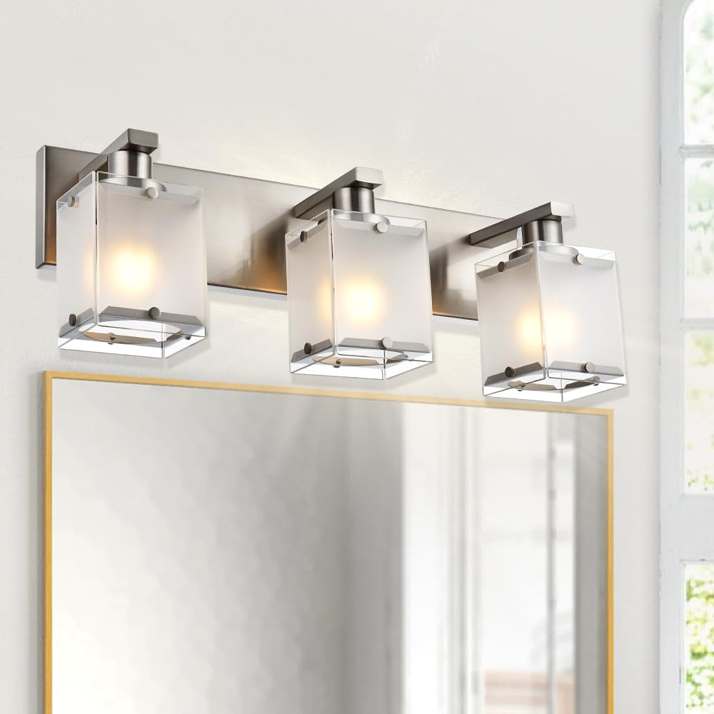 WINSHEN Modern 3-Lights Brushed Nickel Vanity Light Fixture with Frosted Glass Shades, Metal, Model 3WSN-XOTFZO