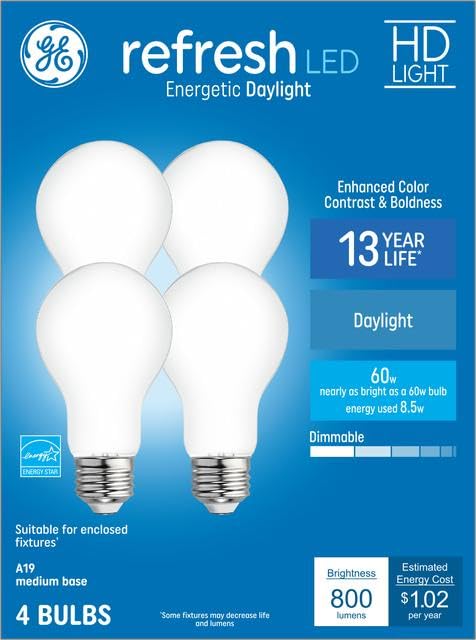 Ge Refresh Hd Daylight 60W Replacement Led Indoor General Purpose A19 Light Bulbs (4-Pack)