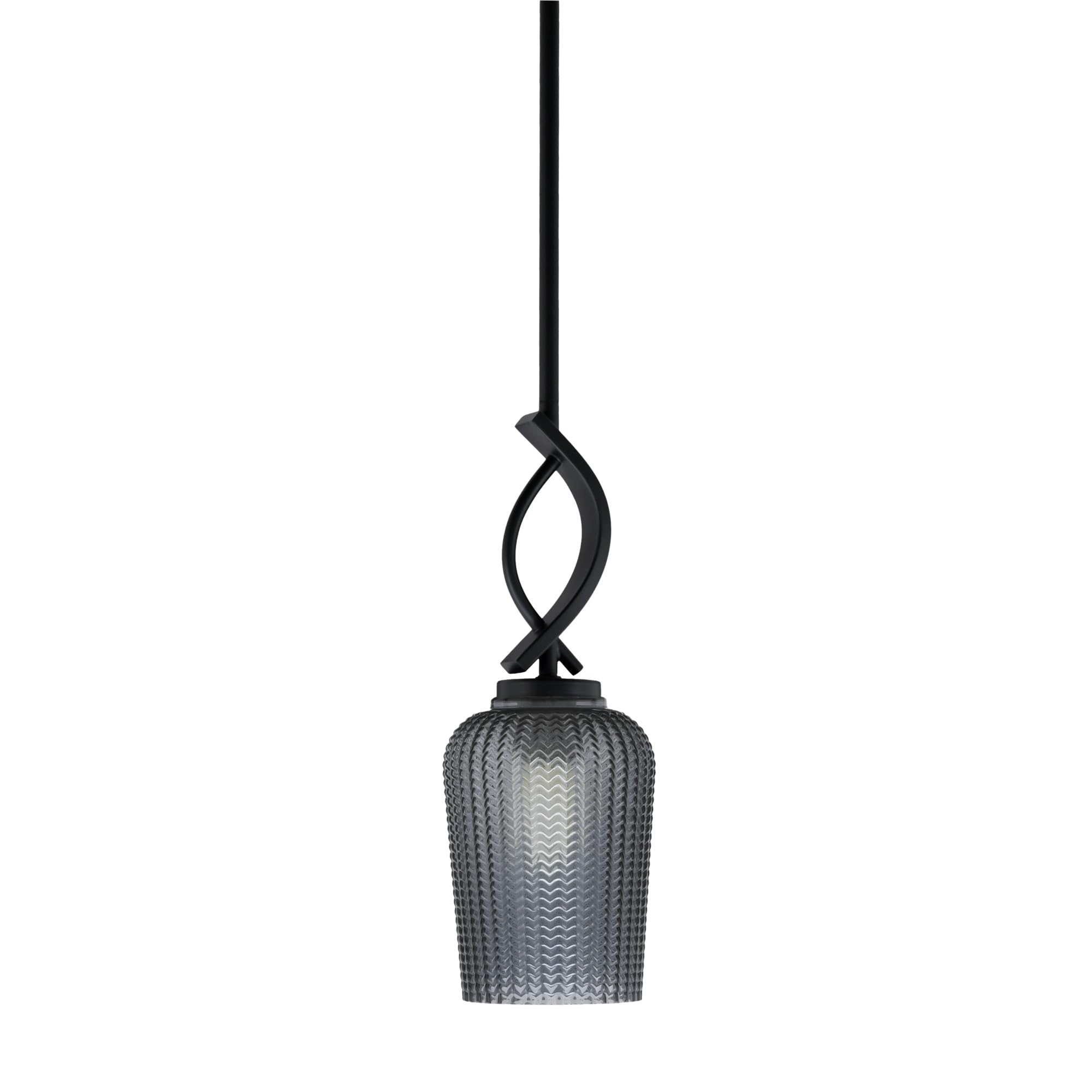 Cavella 1 Light Stem Mini Pendant Shown In Matte Black Finish With 5" Smoke Textured Glass