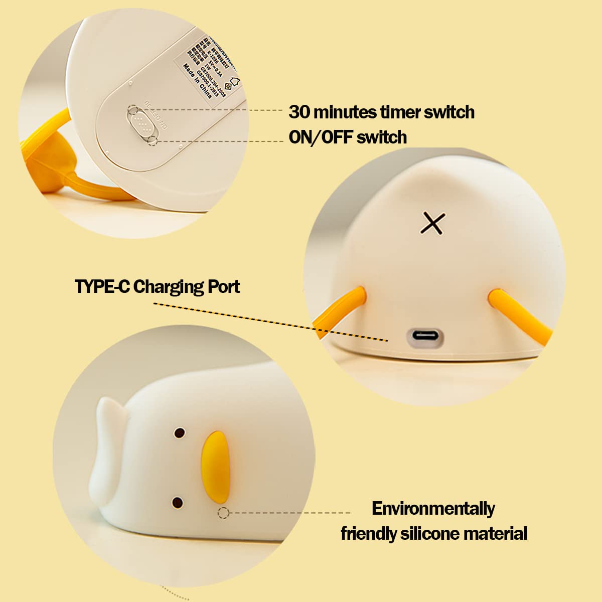 LEDHOLYT Night Light for Kids, Rechargeable Fun-Duck Silicone Lamp, Model Tang-Ya, Cute Nursery Decor for Boys and Girls
