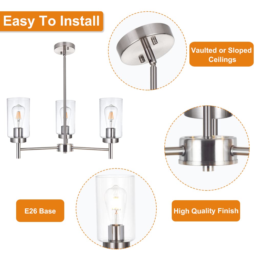 VINLUZ 3 Light Modern Chandeliers Metal Ceiling Fixture Brushed Nickel Industrial Pendant Lighting Model 1810-3-13