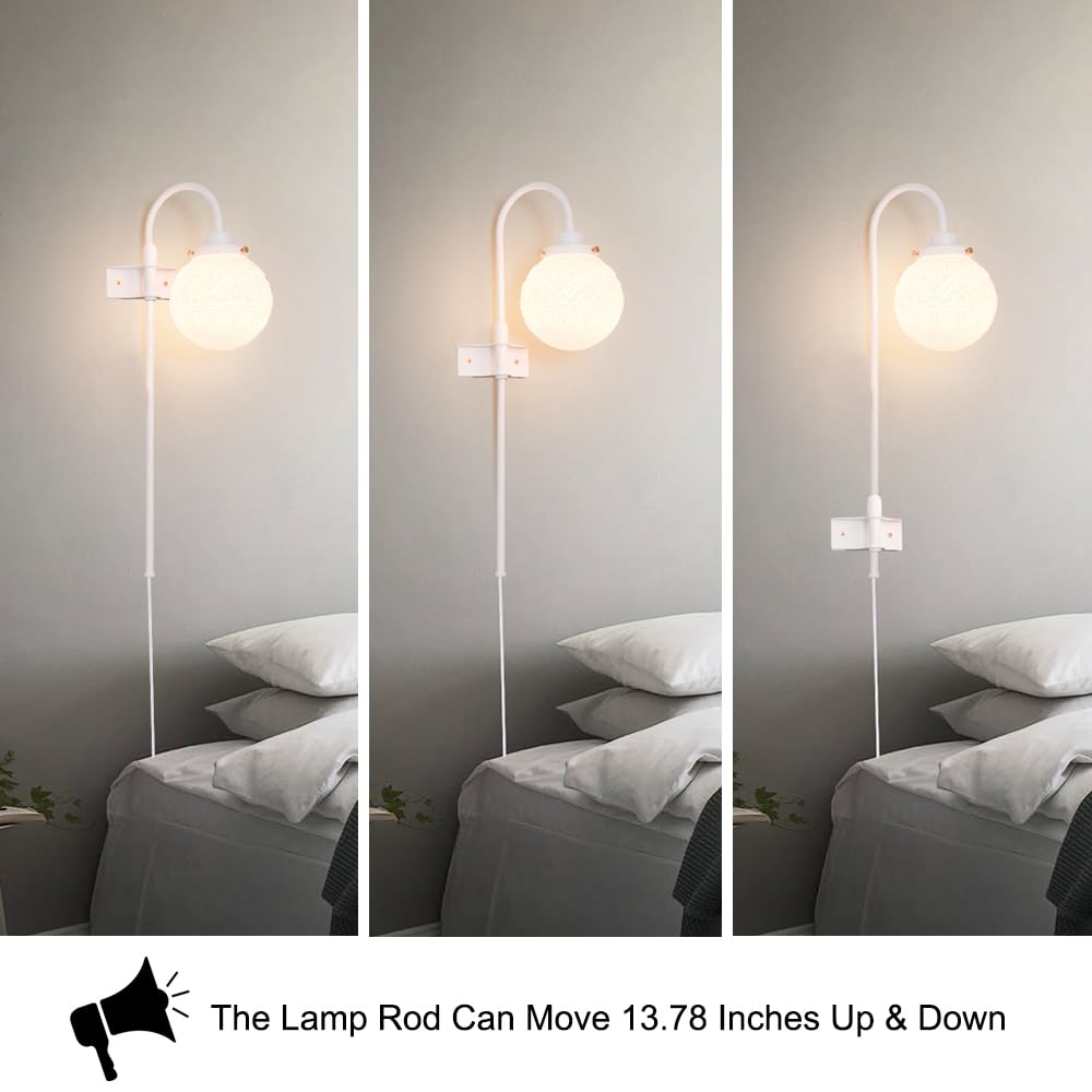 Daunton Vintage Plug in Wall Sconces Set of 2, Adjustable White Metal Sconces with Milky Globe Glass, Model 250109
