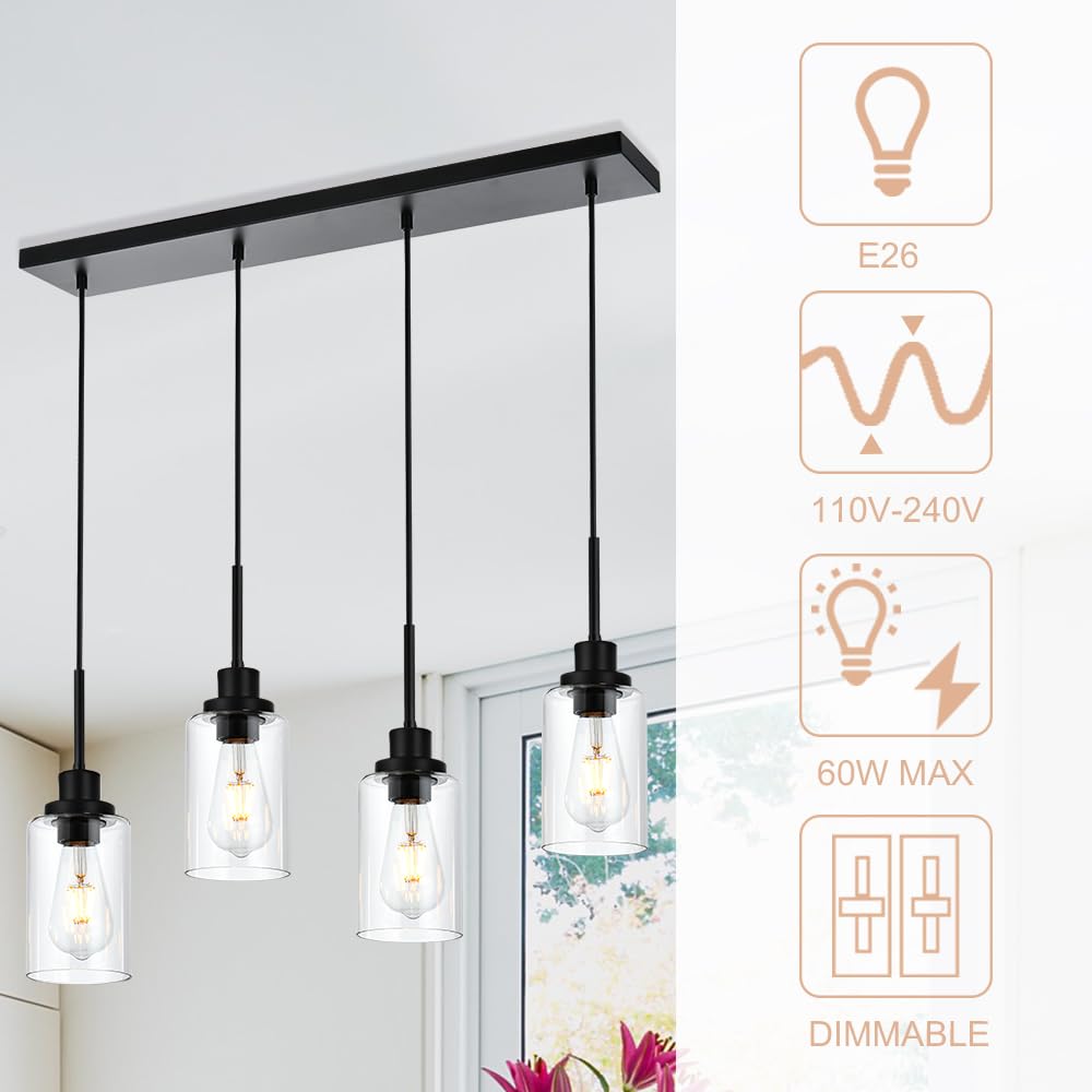 Winshen Black Pendant Light Fixtures With Clear Glass, 4-Lights Adjustable Height Hanging Ceiling Lights, Kitchen Island Lightin