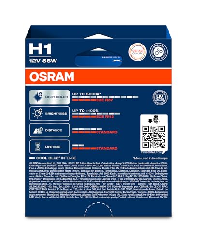OSRAM COOL BLUE INTENSE H1, +100% more brightness, up to 5,000K, halogen headlight lamp, LED look, duo box (2 lamps) 64150CBN-HC