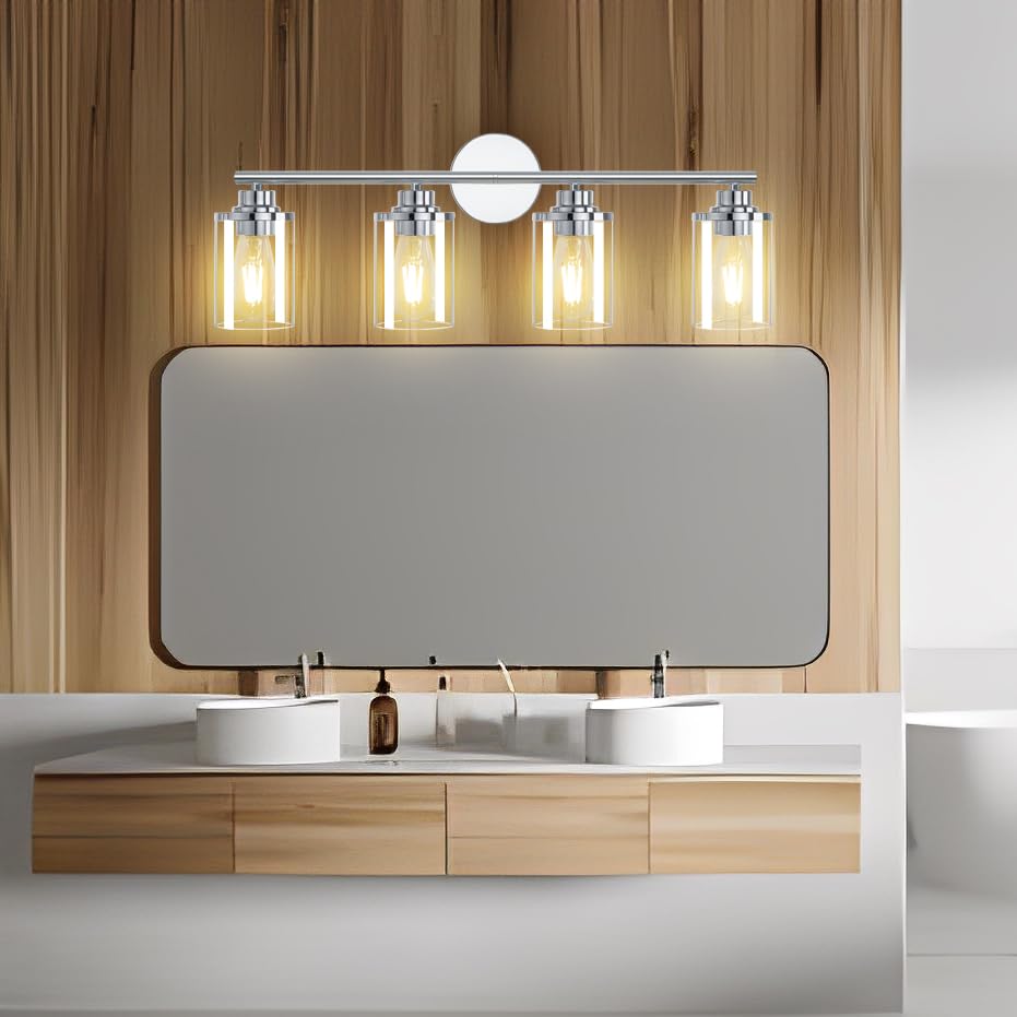 Porphyions Bathroom Light Fixtures,Vanity Lights Chrome Bathroom Lights Over Mirror,Chrome Vanity Light For Bathroom, 31''Chrome 4-Light Modern Bathroom Sconce