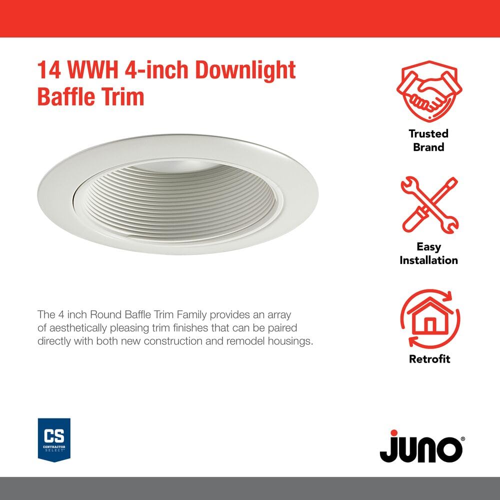 Juno Lighting Contractor Select 14W-Wh 4-Inch Recessed Baffle Trim White Baffle With White Trim
