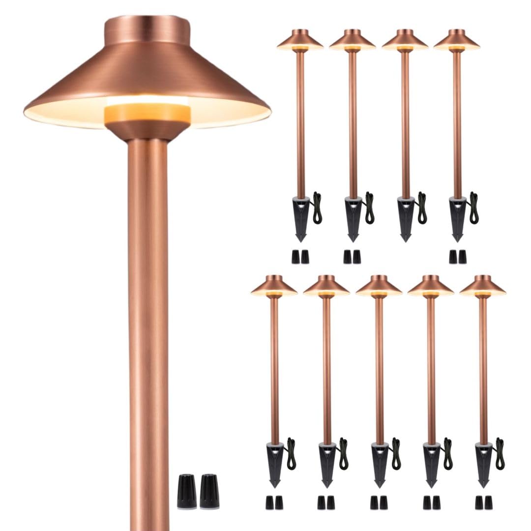 Gardenreet Led Copper Brass Landscape Lights(Hat) Waterproof Outdoor 12V Low Voltage Path Lights For Sideway Garden With Ground Stake Without G4 Bulb(10 Pack)