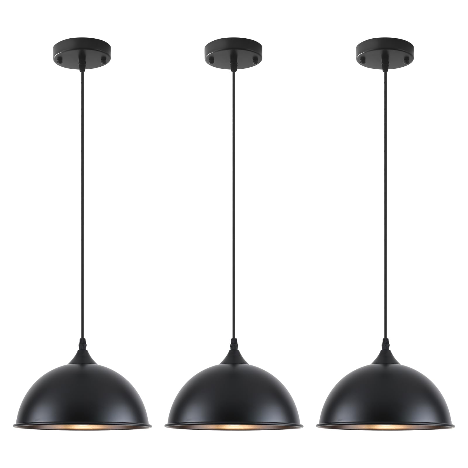 LWWHQ 9.8 inch Farmhouse Pendant Lights Kitchen Island 3 Pack, Matte Black Dome Pendant Lights, Industrial Kitchen Pendant Light