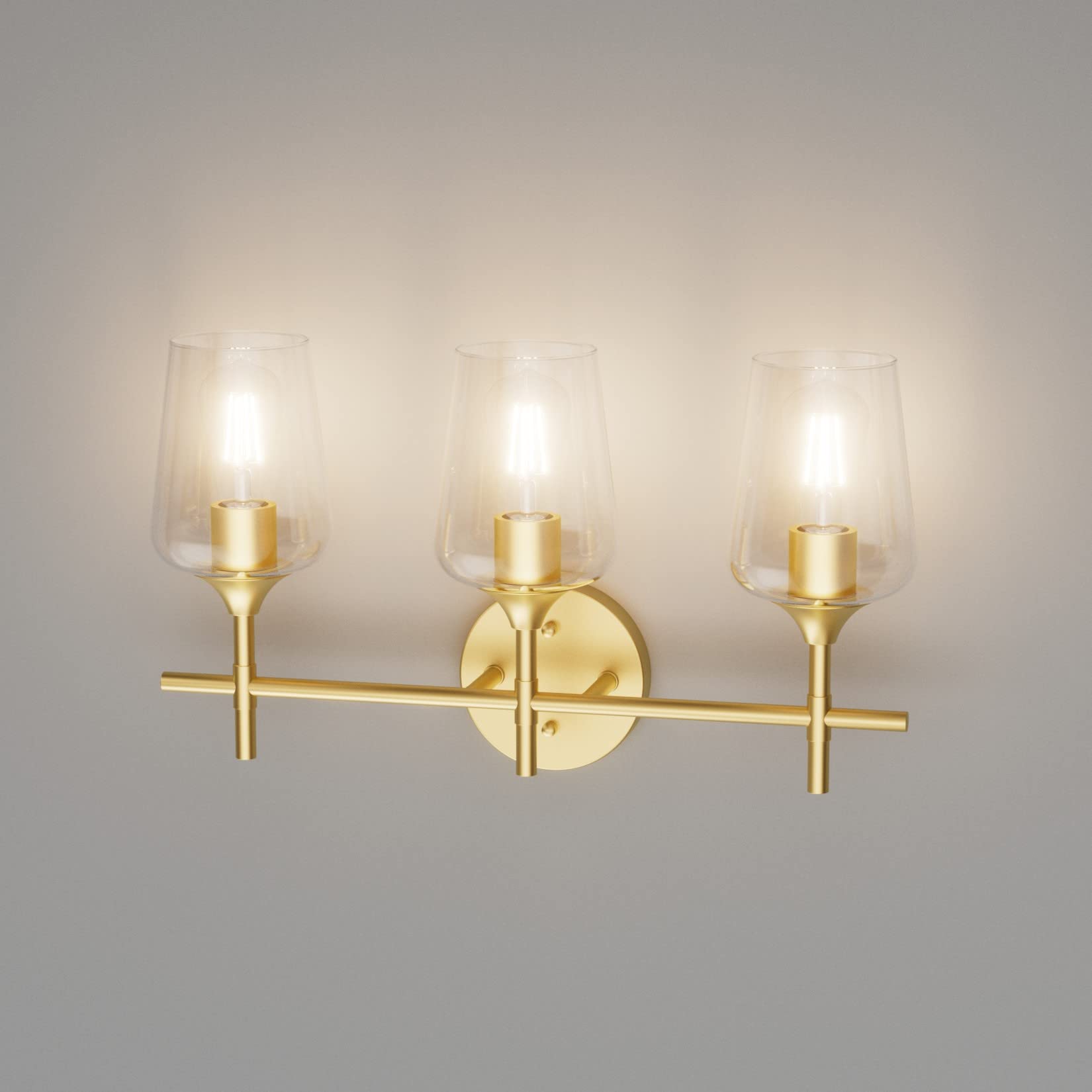 Ralbay Gold Bathroom Vanity Light 3-Lights Metal Clear Glass Wall Fixture Model 1117