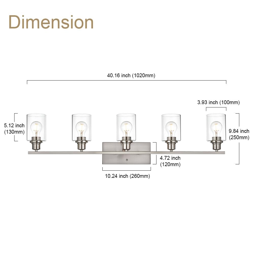 VINLUZ 5-Light Bathroom Vanity Light Fixture, Brushed Nickel, Clear Glass Shade, Indoor Wall Sconce for Living Room, Bedroom, Hallway