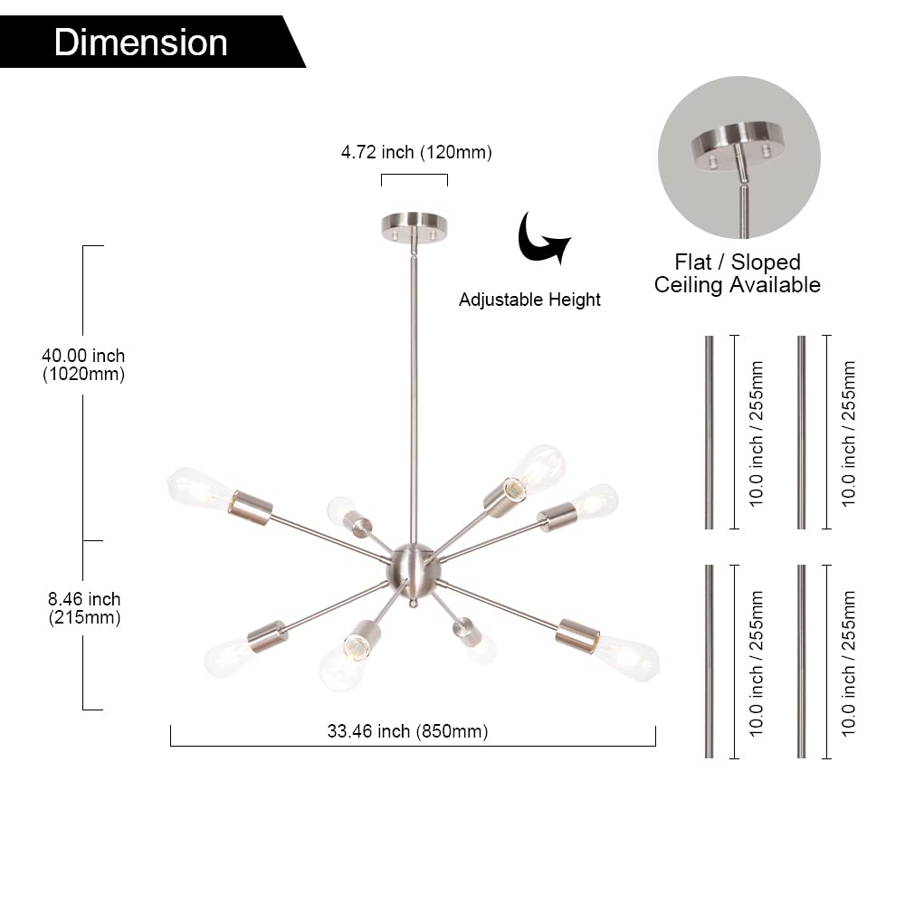 Bonlicht Contemporary Sputnik Chandelier 8 Light Brushed Nickel Pendant Lighting Mid Century Satellite Starburst Chandelier Mode