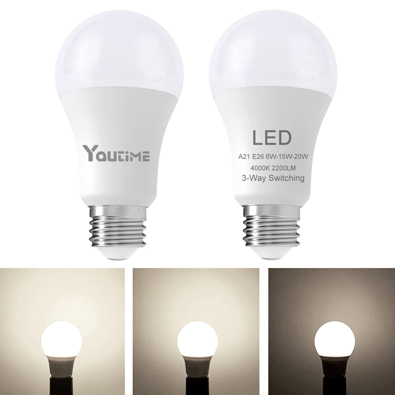 Youtime 3 Way Light Bulbs, 3 Way Led Light Bulbs 50 100 150 Watt Equivalent Standard A21,Perfect For Home Lighting Natural White