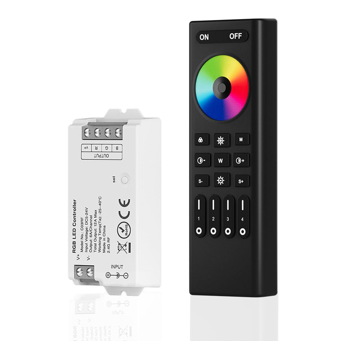 SEZO RGB Controller Kit RC03RFB + C03RF, 4-Zone Wireless Remote, Multiple Color Modes for 5050 FCOB LED Strips