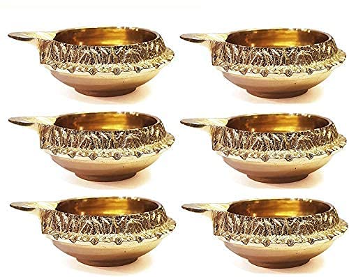 Satvik 6 pc Handmade Golden Engraved Kuber Diya Made of Virgin Brass. Diwali Diya Vilakku for Puja Pooja. Traditional Indian Oil