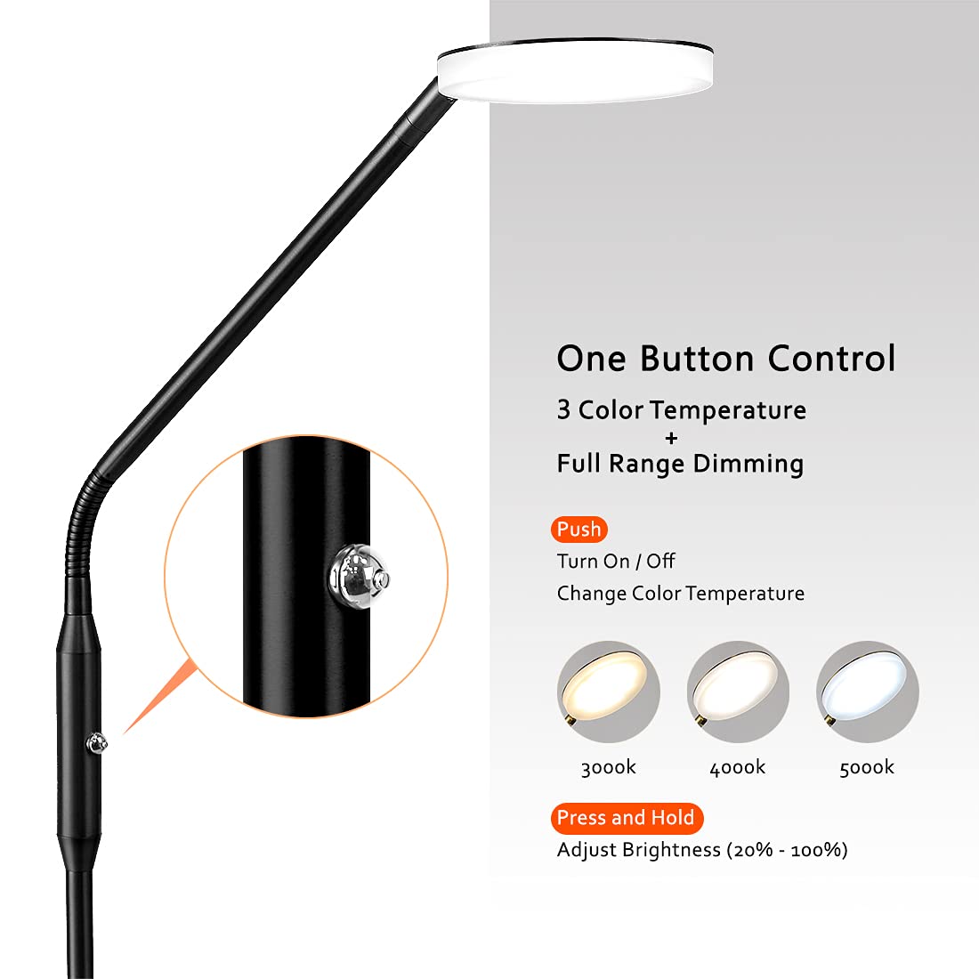 OBright Dimmable LED Floor Lamp, Adjustable Color Temperature, Gooseneck, Black, Model OB-FL11D