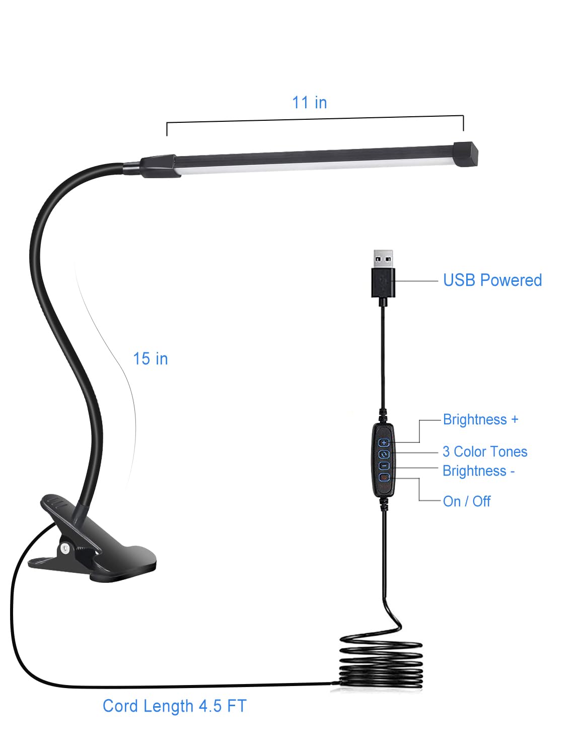 VagaryLight Clip On Desk Lamp, 3 Color Modes, 10 Brightness Levels, Small, Black, Model DLDL8, Gooseneck, Dimmable for Reading and