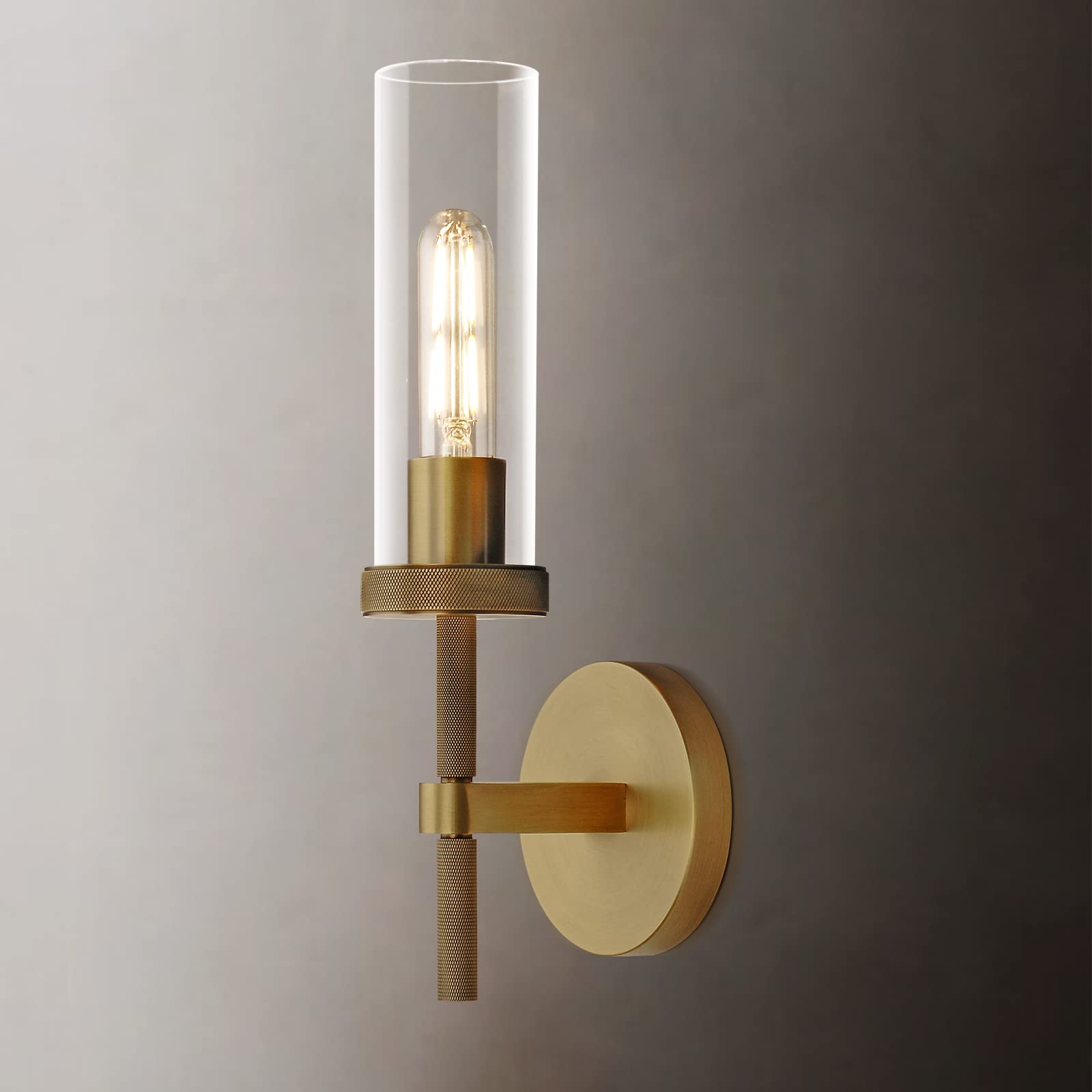 Knurled Brass Wall Sconces Indoors, Glass Tube Sconces Wall Lighting 14'', Gold Bathroom Vanity Wall Sconces, Wall Lights For Li