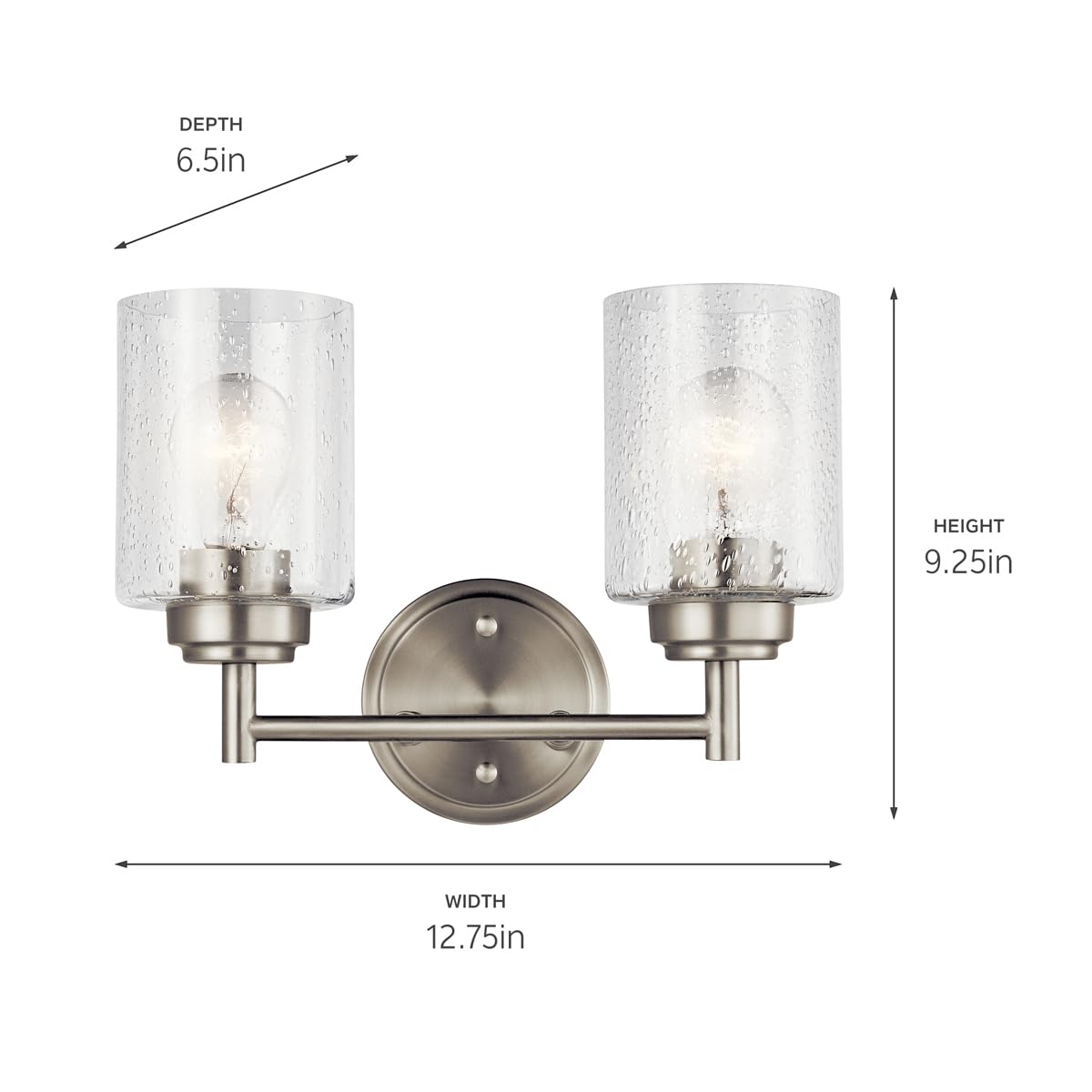 Kichler Winslow 2-Light Vanity Light, Brushed Nickel, Clear Seeded Glass, 12.75in W x 9.25in H, Model 45885NI